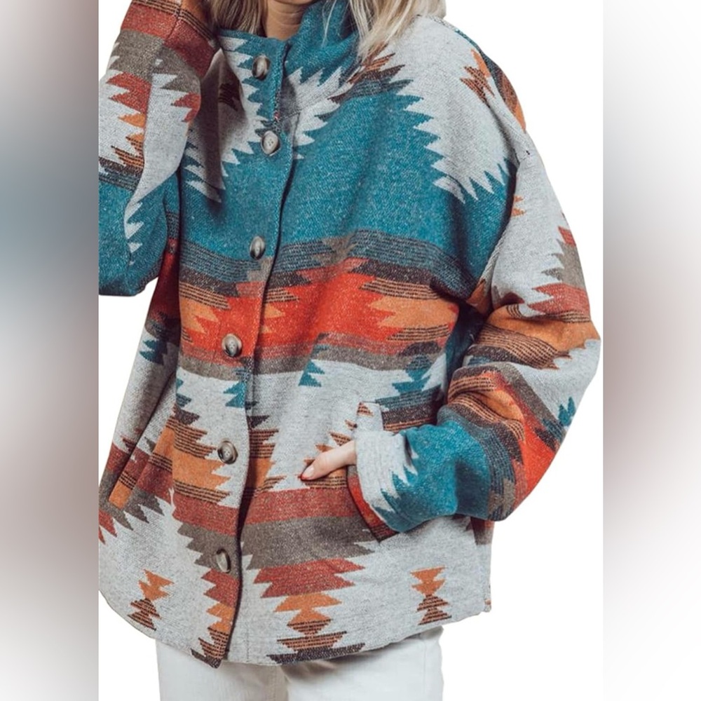 Aztec Shacket Boho Wool Button-Down - image 1